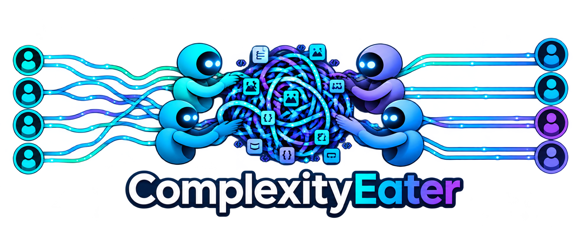 Complexity Eater banner. People and agents gather around a shared document.